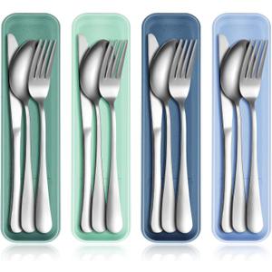 Yinkin 4 Pack Portable Travel Utensils Set with Case Reusable Stainless Steel Silverware Flatware Camping Cutlery Include Fork Spoon Knife for Work School Dishwasher Safe(Blue Color Series)