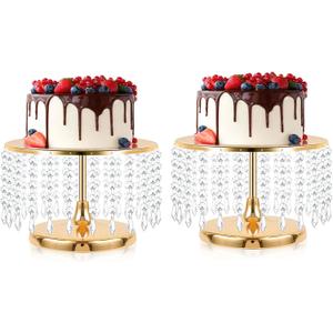 2 Pcs Gold Metal Mirror Cake Stand Set with Crystal Pendants - 11.8"W Elegant Dessert Table Display for Weddings, Birthday Parties, Baby Showers, Events - Sturdy Crystal Bling Cupcake Stands for Pastries, Sweets, Decorations
