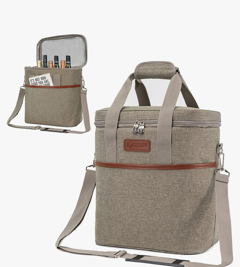 opux 6 Bottle Carrier Tote | Insulated Padded Wine Cooler Bag for Travel. Picnic, BYOB | Portable Leakproof Wine Tote Bag for Dinner, Party, Christmas, Wine Gift for Women, Men (Heather Taupe)