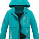 MGEOY Boys Girls Rain Jacket Lightweight Waterproof Hooded Fleece Lined Raincoat Windbreakers for Kids (12-14 Years, Solid Green(lining:fleece))