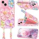 for iPhone 15 Plus Case Wallet Crossbody with Card Holder,Retro Oil Painting 3D Flower Case with Wrist Strap&360Ring Stand [Screen Protector+Camera Lens Protector] Flip Phone Cover,Rose Gold