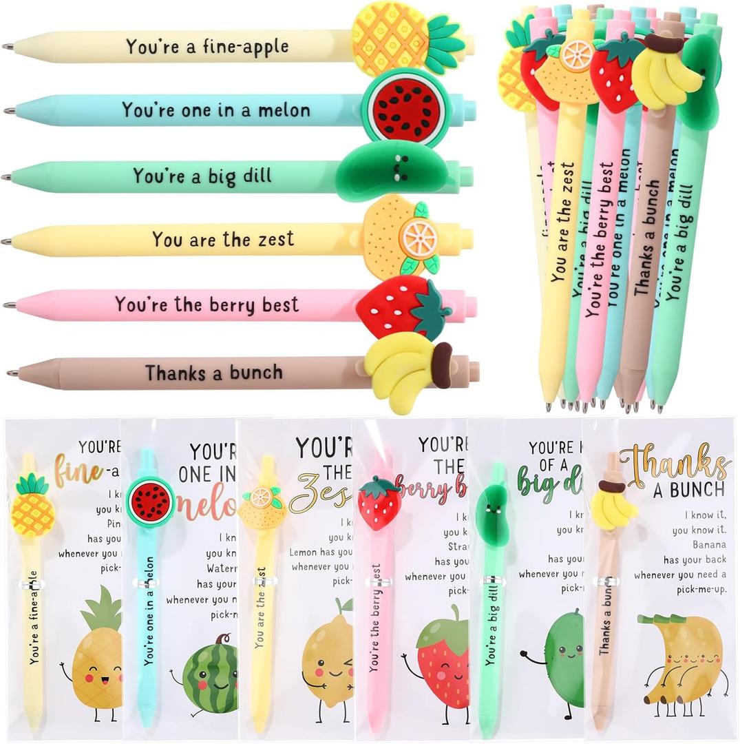 Dunzoom Positive Coworkers Gifts Funny Fruit Pen Bulk Motivational Fruit Ballpoint Pens with Inspirational Cards Employee Appreciation Gifts for Graduation Party Favor Coworker Teacher Team(24 Sets)