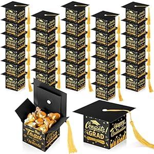 TaoBary 30 Pcs Graduation Cap Candy Box with Tassel Graduation Party Favors Graduation Gifts Graduation Decorations Grad Cap Box for Candy Chocolate Biscuit Supplies(Black)