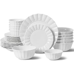 Dinnerware Sets, 24 Piece Porcelain Plates and Bowls Sets Service for 6, Ceramic tableware, Modern Bone China Dish Sets, Wavy Pattern (White)