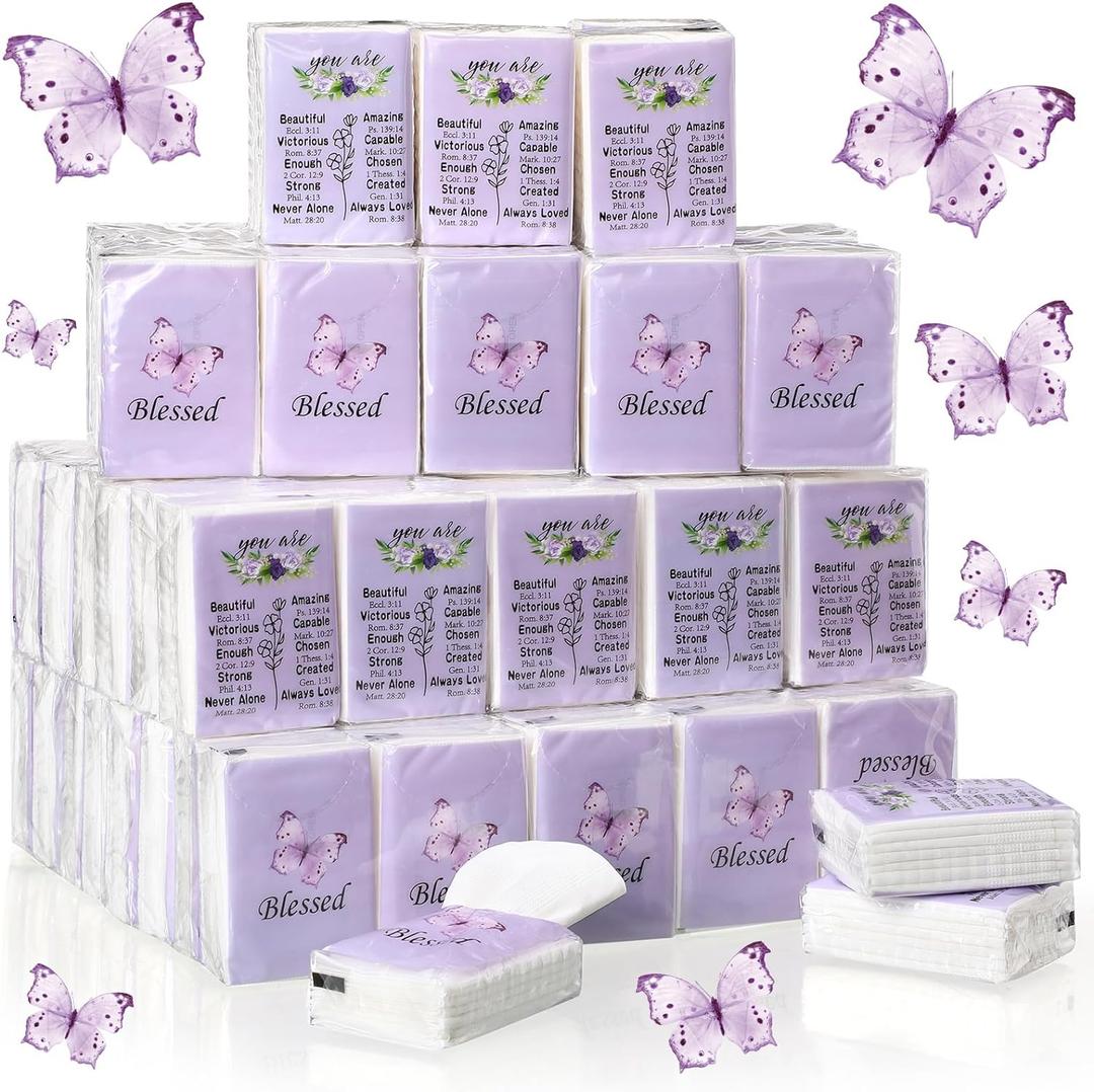 Harloon 100 Pack Christian Facial Tissues Purple Butterfly Pocket Wallet Size Travel Tissues Individual 3 Ply for Wedding Travelling Graduation, 7 Sheets Per Pack Harloon 100 Pack Christian Facial Tissues Purple Butterfly Pocket Wallet Size Travel Tissues Individual 3 Ply for Wedding Travelling Graduation, 7 Sheets Per Pack