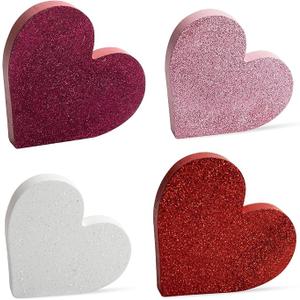 COCHIE Wooden Hearts Valentines Decorations Indoor, Wood Heart Blocks Tiered Tray Decor Set of 4, Red Pink White Valentine Decoration for Home Party Office Shelf Door (Glitter)