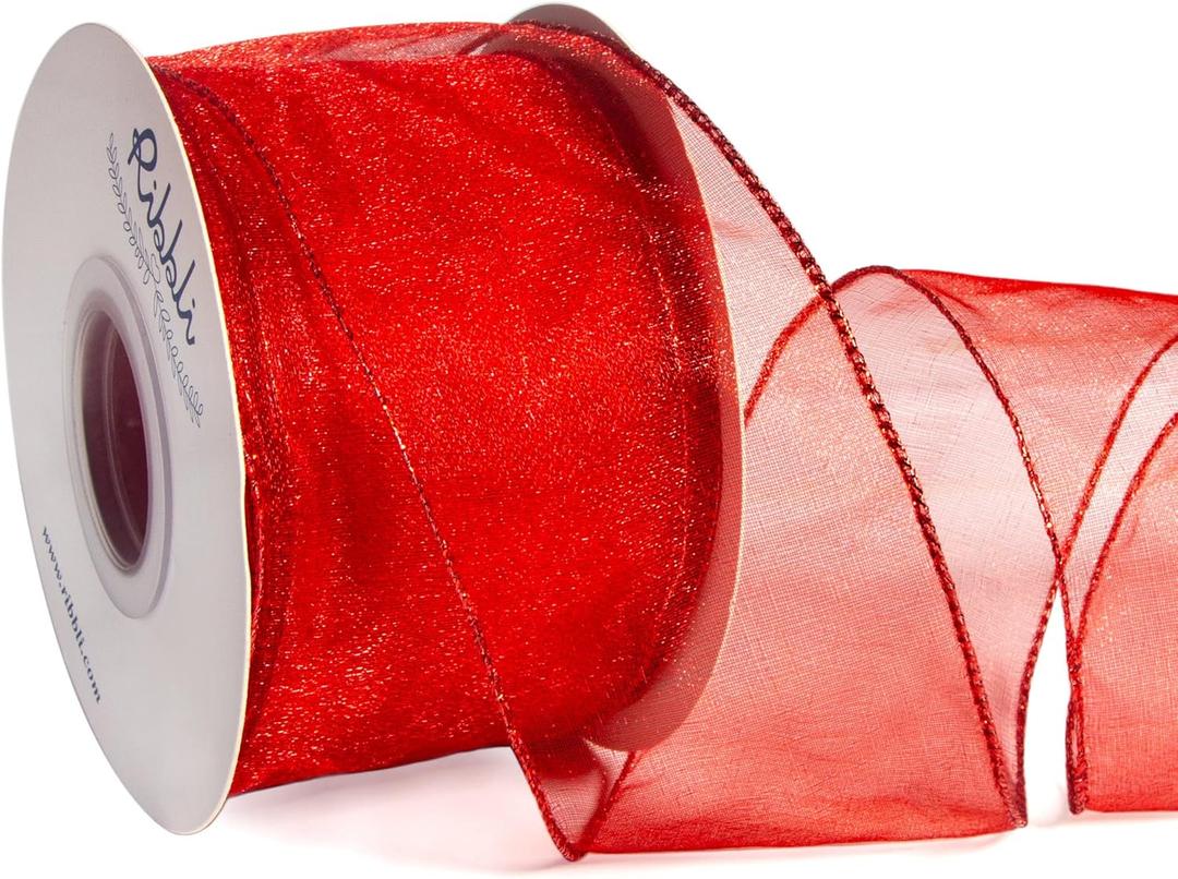 Ribbli Red Organza Wired Ribbon, Red Sheer with Metallic Edge,2-1/2 Inch x 20 Yards Christmas Tree Ribbon for Decoration Large Gift Wrapping,Wedding Decoration