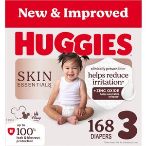 Huggies Size 3 Diapers, Skin Essentials Baby Diapers, Size 3 (16-28 lbs), 168 Count (3 Packs of 56)
