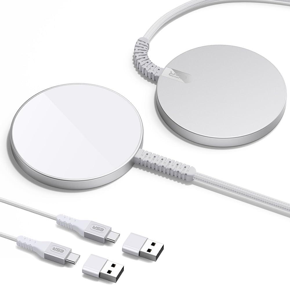 ESR for MagSafe Charger, 2 Pack Wireless Charger for iPhone 17/16/15/14/13/12,AirPods 4/3/Pro 2/Pro, Galaxy S25 Strong Magnetic Lock,Reinforced Braided Nylon A/C Cable, Silver