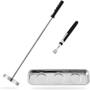 Rechabite 3PCS Magnetic Sweeper Telescoping Pick-up Tool, 35LB Screws Parts Finder, 3.5LB Magnet Stick, Rectangle Magnet Tray, For Pickup Nails, Metal Retrieving, Mechanic's Set (Large)