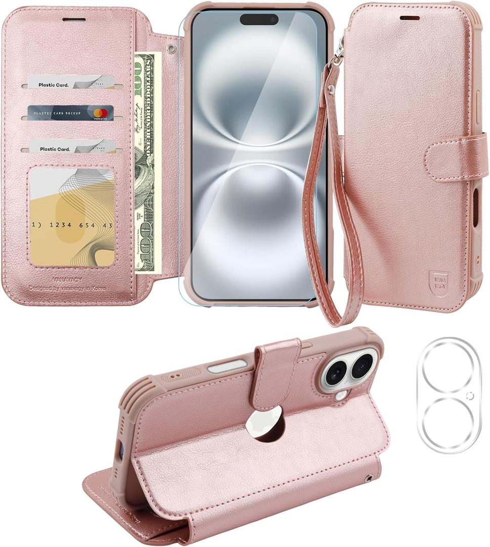 VANAVAGY Compatible for iPhone 16 Plus Wallet Case, PU Leather Flip Cover with RFID Blocking Card Holder Wrist Strap Kickstand for Wireless Charging, [Screen Protector & Camera Cover], Rose Gold