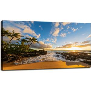 DZL Art S75462 Large Beach wall art Secret Beach at sunset, Maui, Hawaii Canvas Wall Art For Living Room Decoration Nature Picture Canvas Prints Painting for for Office Wall Decor Home Decorations, 48"L x 24"W