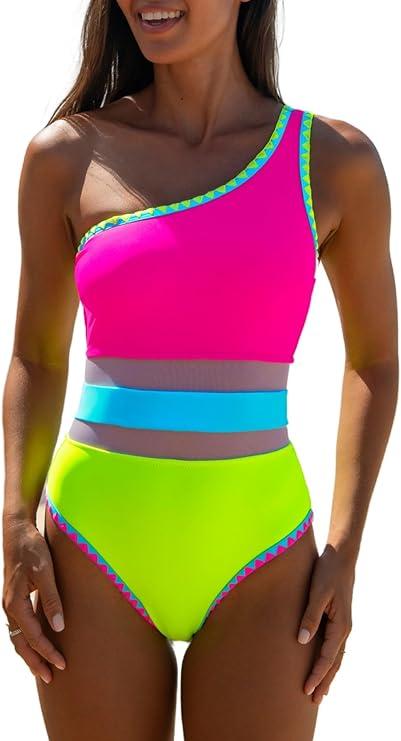 popvil Women's Sexy One Shoulder One Piece Bathing Suits Neon Color Block Swimsuits Slimming Mesh Swimwear, Size S