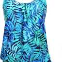 Yonique Womens Blouson Tankini Top Only Loose Fit Swim Top No Bottom Modest Swimsuit (Large, Blue Leaves)
