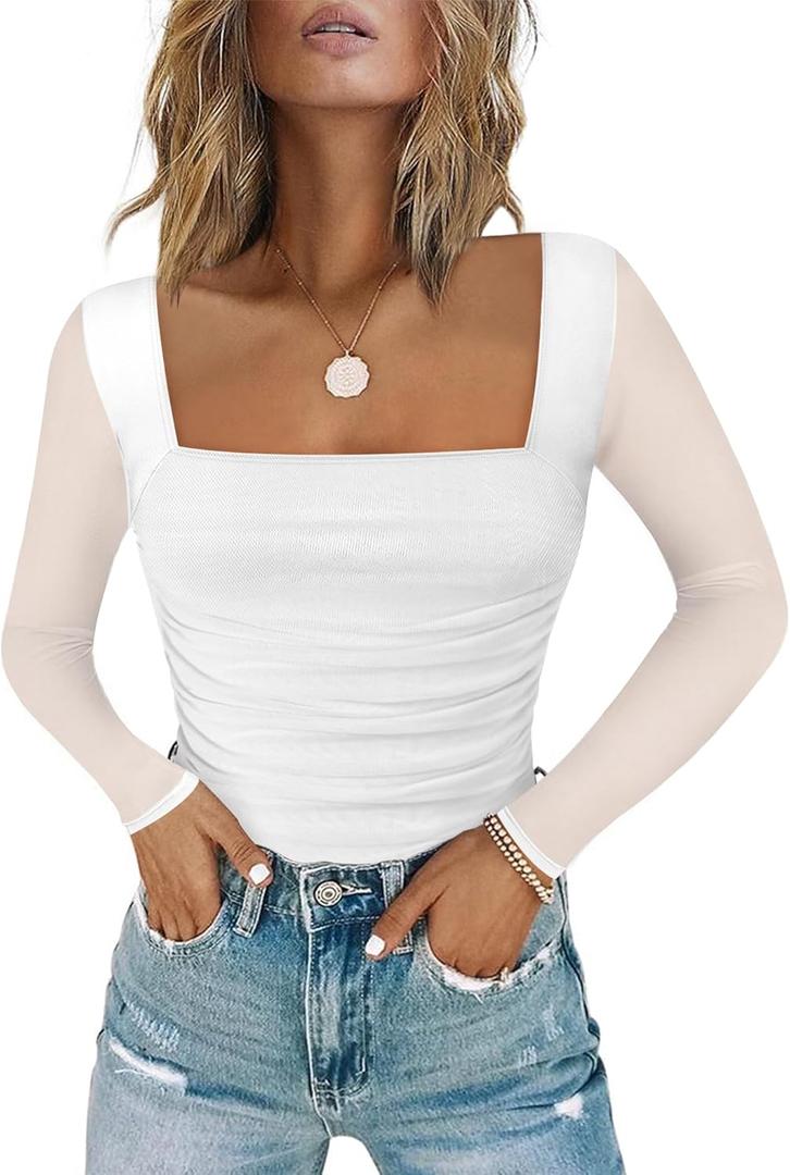 Chunpin Women's Bodysuit Square Neck Ruched Top Mesh Long Sleeve Bodysuits Thong Body Suits Leotard Shirt Going Out S