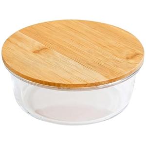 Microwave Safe Glass Trifle Bowl with Bamboo Lid, 1300 Ml/44 Oz Food Storage Container, Clear with Wooden Lid, Ideal for Kitchen and Travel Storage 4 PCS
