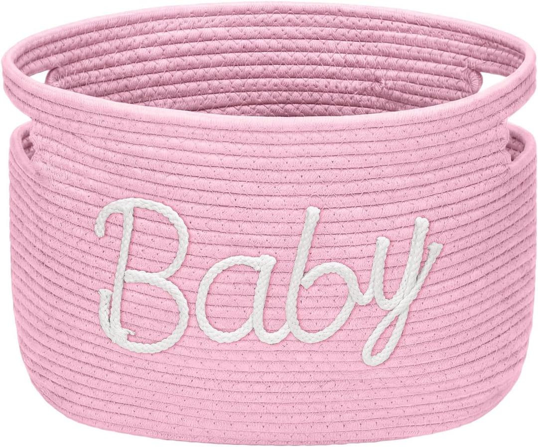 Meanplan Baby Shower Gifts Basket with Handles Large Baby Nursery Cotton Rope Basket Gifts Stuffers Storage for Newborn Room Storage, 15 x 10 x 9 Inch(Pink)