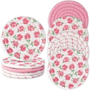 Whaline 4Pcs Pink Flower Coasters Spring Handmade Braided Cotton Coasters Pink Rose Round Anti Slip Absorbent Drink Mats for Home Office Restaurant Housewarming Gifts, 4.3  4.3 inch Whaline 4Pcs Pink Flower Coasters Spring Handmade Braided Cotton Coasters Pink Rose Round Anti Slip Absorbent Drink Mats for Home Office Restaurant Housewarming Gifts, 4.3  4.3 inch