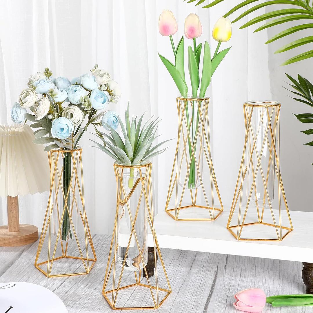 4 Pcs Gold Geometric Vase for Centerpieces Metal Flower Stand with Glass Cylinder Hydroponic Plant Flower Vase for Home Floor Office Wedding