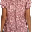 Women's Casual Ruffled V Neck Chiffon Blouse Short Sleeve Office Work Elegant Shirt Vintage Basic Tops (Pink, S)