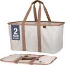 CleverMade Collapsible Laundry Tote - LUXE Cream Herringbone 2Pack 50L -Foldable Storage Organization Container Clothes Laundry Room Storage Solution