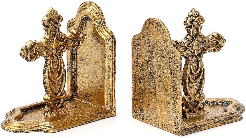 Jemeni Cast Iron Cross Bookends, Set of 2 Catholic Book Ends, Antique Gold Finish