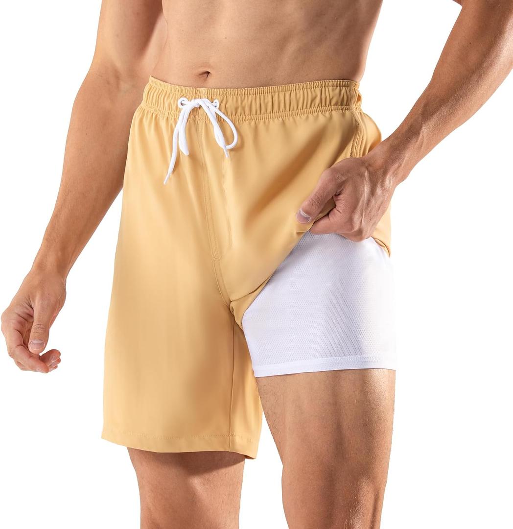 BRISIRA Mens Swim Trunks Swim Shorts 7 inch Compression Liner Bathing Suit Beach Shorts Swimwear Stretch Quick Dry Pockets | 7" Swim Shorts, 2 in 1 Bathing Suit, Anti-Chafe, Soft Stretch Fabric, Beach Swimsuit, Board Shorts, Swim Suits, Drawstring (Yellow, XL)