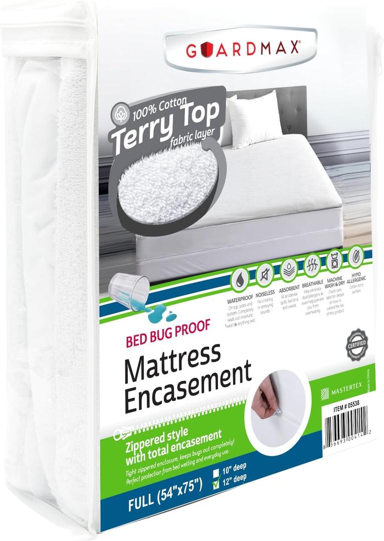 Guardmax Terry Cotton Full Zippered Mattress Encasement - Waterproof & Bed Bug Proof Mattress Protector - Comfortable, Soft, and Noiseless Zippered Bedding - Dust Mite Proof (54 x 75 x 12)