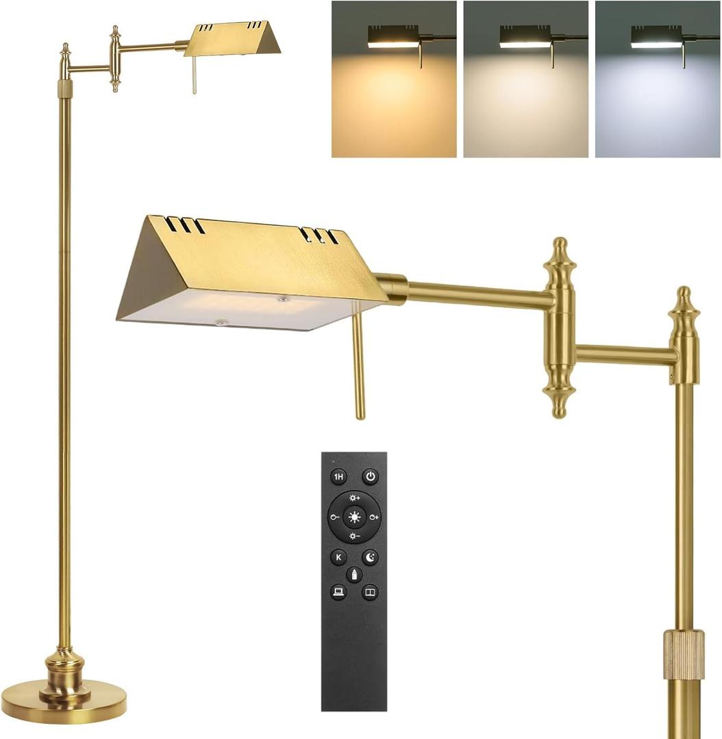 Dimmable Pharmacy Floor Lamp with Remote, 17W Gold LED Reading Floor Lamp with 360Swing Arm, 3 Color Temperature, Height Adjustable Standing Task Lamp for Living Room, Bedroom, Office, Antique Brass