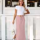 Lepunuo Casual Maxi Skirts for Womens High Waist Trendy Drawstring Side Slit Skirts with Pockets (Pink, M)