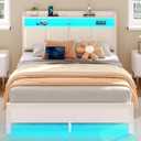 Rolanstar Bed Frame Full Size with Charging Station and LED Lights, Upholstered Headboard with Storage Shelves, Heavy Duty Metal Slats, No Box Spring Need, Noise Free, Easy Assembly, White