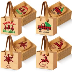 Tenceur 48 Pcs Mini Christmas Kraft Gift Bags with Handle Small Xmas Paper Treat Bags with Snowflake Xmas Tree Plaid Reindeer Car Patterns for Merry Christmas Holiday Party Favor Supplies