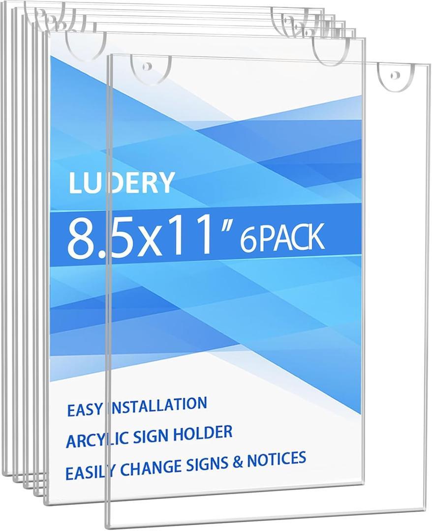 Acrylic Sign Holder 8.5 x 11 Vertical, Wall Mount Document Holder, Clear Plastic Picture Frame with Tape Adhesive and Screws for Office, Home, Store, Restaurant - 6 Pack