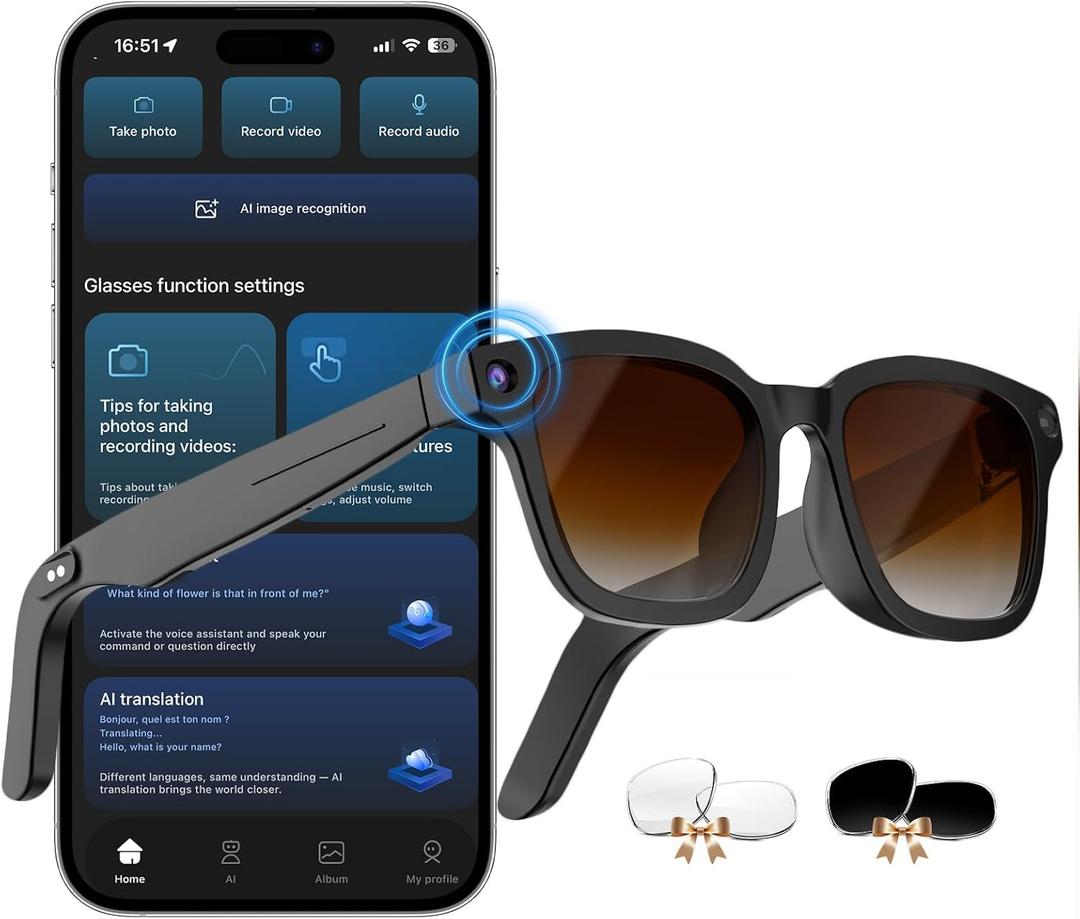 AI Smart Glasses with ChatGPT, 8MP Camera Glasses with Camera and Audio, AI Translation Sunglasses with 164 Languages, Bluetooth Sunglasses with Voice /Calling, 8-Hour Music Playback, Gradient Brown
