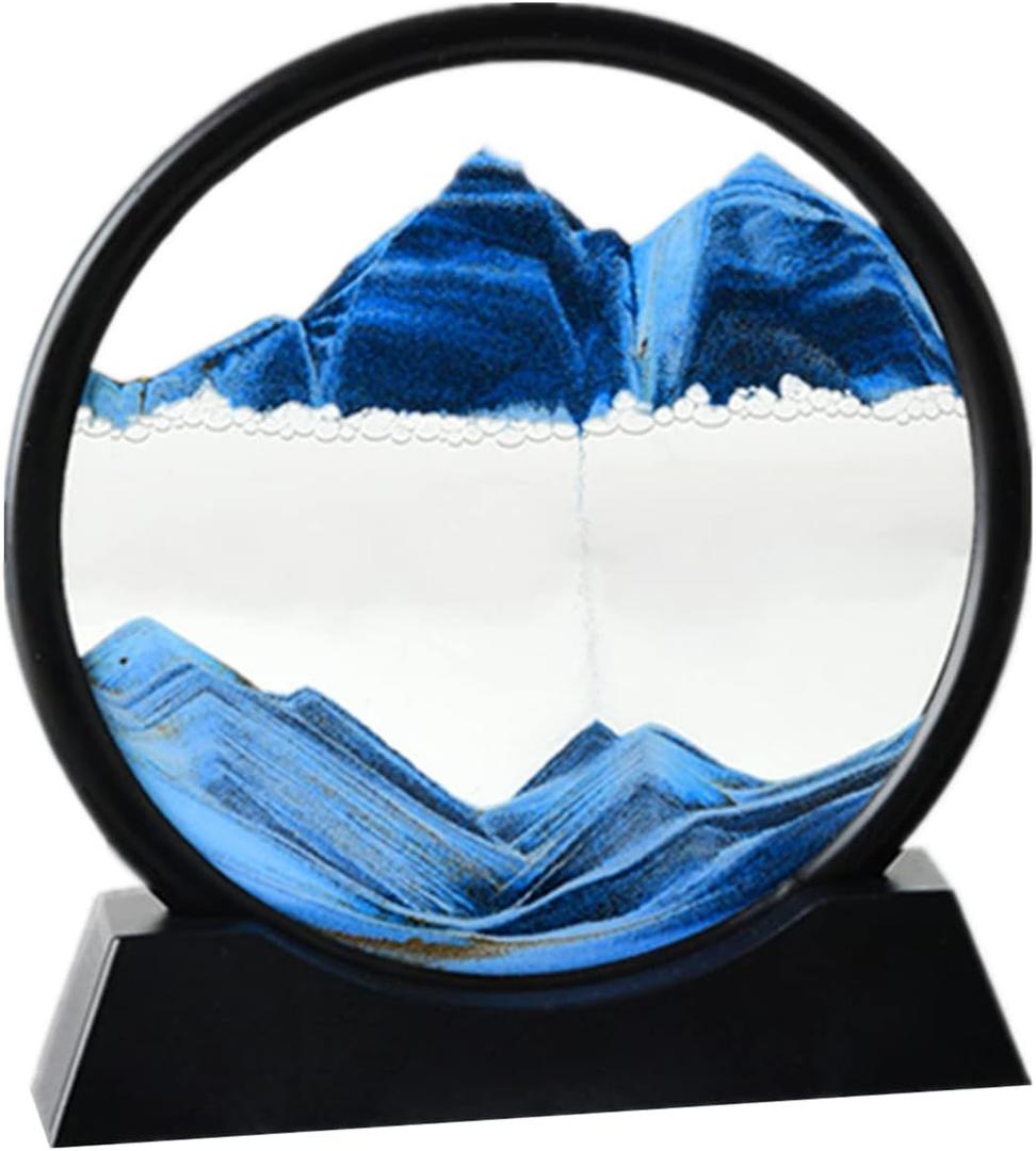 ANXUS Moving Sand Art Picture in Motion Round Glass 3D Deep Sea Sandscape Display Flowing Sand Frame, Sensory Relaxing Desktop Home Office Work Desk Decor (7", Blue)