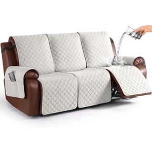 KinCam 100% Waterproof Recliner Sofa Covers, Non-Slip Reclining Couch Covers for 3 Seat, Recliner Couch Cover Furniture Protector with Elastic Straps for Pets, Kids, Beige White