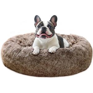 JOLLYVOGUE Medium Calming Dog Bed, Anti-Anxiety Donut Cuddler Cat Bed with Anti-Slip Bottom, Fluffy Faux Fur Machine Washable Pet Cushion for Medium Dog & Cat, 27"/Smoke Brown