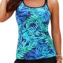 Yonique Two Piece Tankini Swimsuits for Women with Shorts Tummy Control Bathing Suits Athletic Swimwear (Medium, Green Leaves)