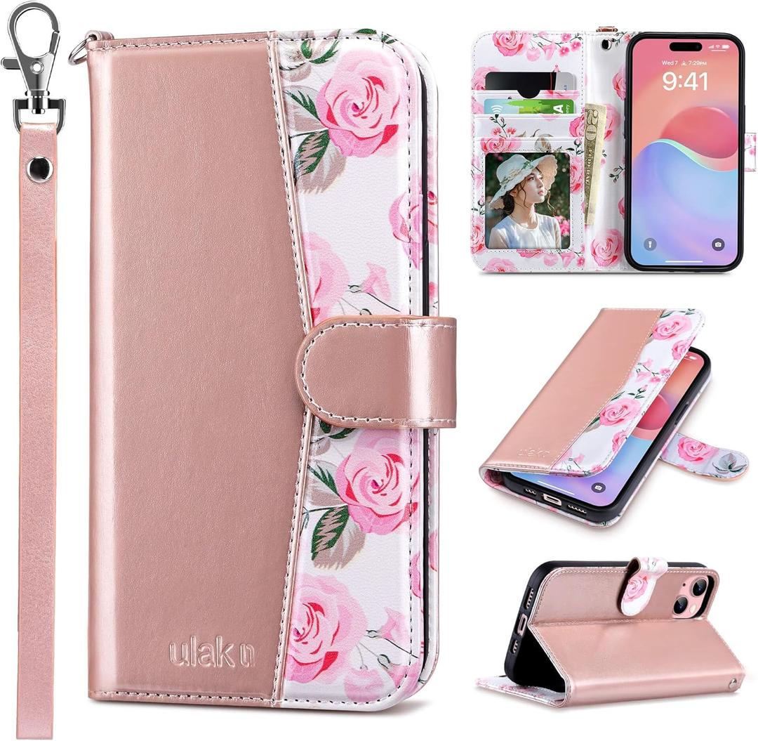 ULAK Compatible with iPhone 15 Plus Wallet Case for Women, PU Leather Floral Flip Cover with Card Holder Kickstand Feature Purse Case for iPhone 15 Plus 6.7'', Rose Gold