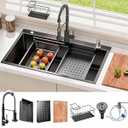 Black Kitchen Sink Drop-in with Accessories: 30x18 Workstation Sink Drop-in Kitchen Sink Stainless Steel Deep Single Bowl with Cutting Board & Pull-out Faucet for Family Kitchen