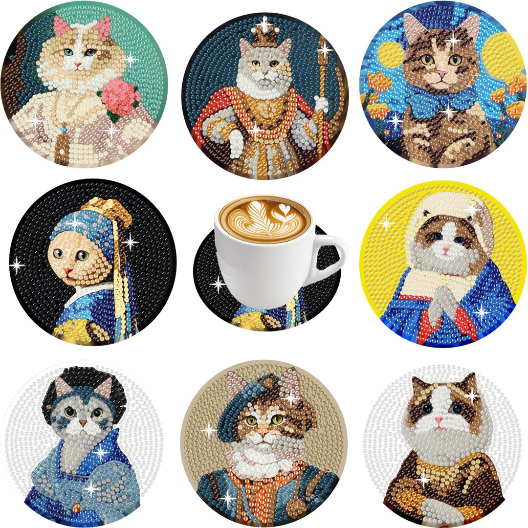 ASslanLYs 8 PCs Diamond Paintings Coasters,Funny Cat Diamond Art Coasters Kits Set with Holder-Adult DIY Craft Diamond Dots for Family Decoration Holiday Gifts