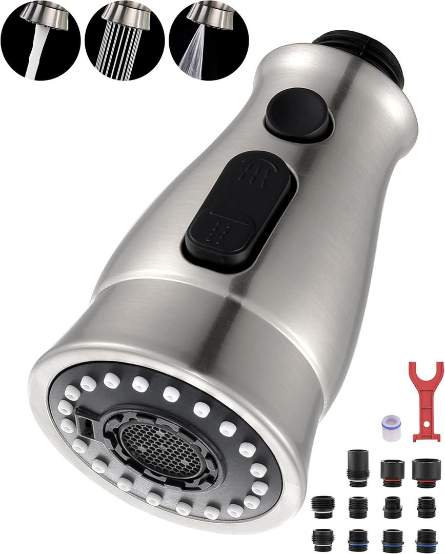 J-HVA Kitchen Faucet Sprayer Head Replacement with 15 Adapters (UPDATED) - Pull Down Kitchen Sink Faucet Spray Nozzle Head Replacement 3-Function Tap Spray Head for Kitchen Sink, Brushed Nickel