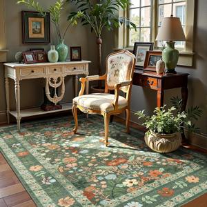 Green Floral Area Rugs 3x5 Small Thin Entryway Rug - Vintage Boho Washable Non-Slip Living Room Carpet Soft Low Pile Bedroom Floor Mat Indoor Home Decor for Dining Room Playroom Farmhouse, Green/Multi