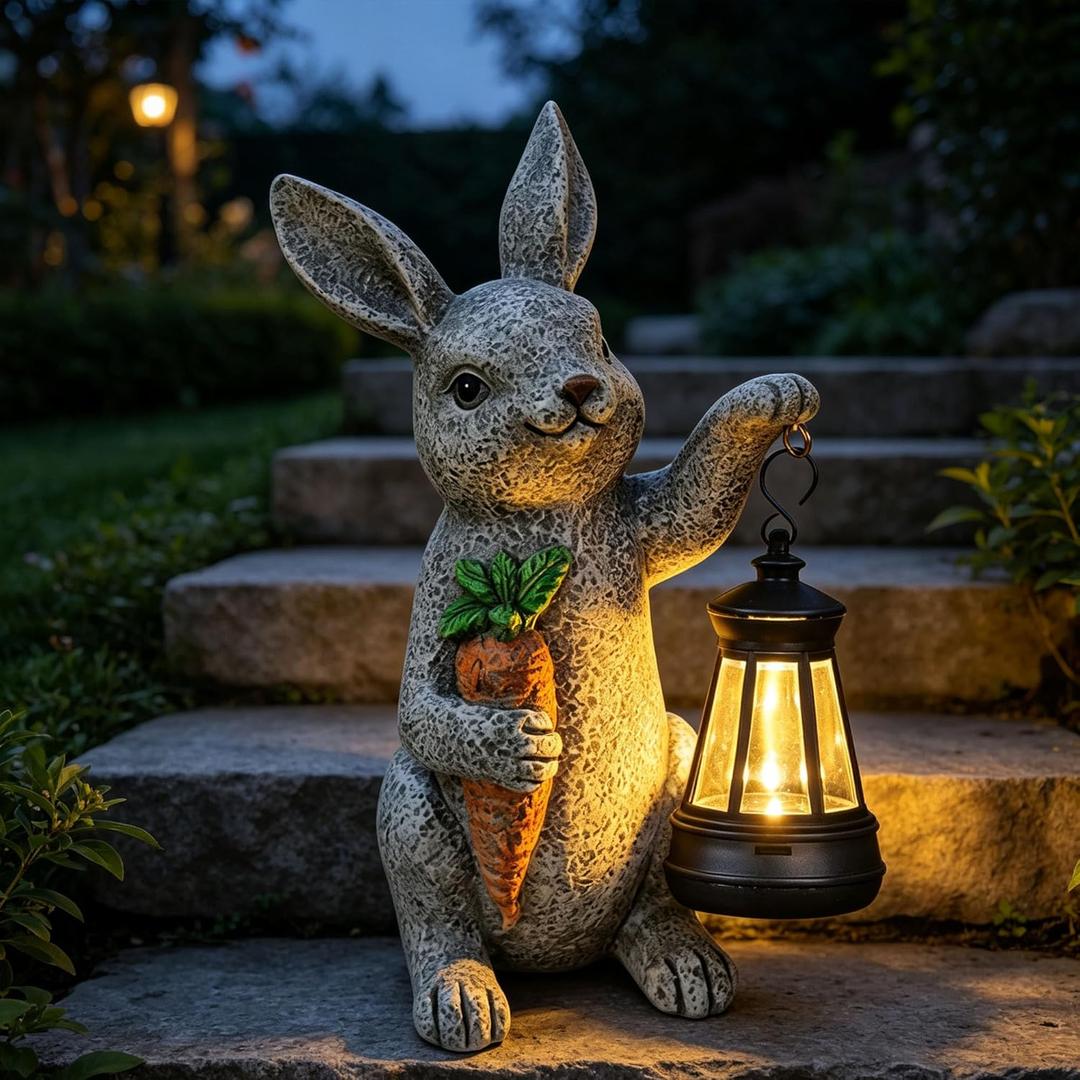 Garden Statues Rabbit Solar Lantern Outdoor Handmade Resin Statue Bunny with Cute Carrot for Patio, Yard, Mother's Day Gift Ideas