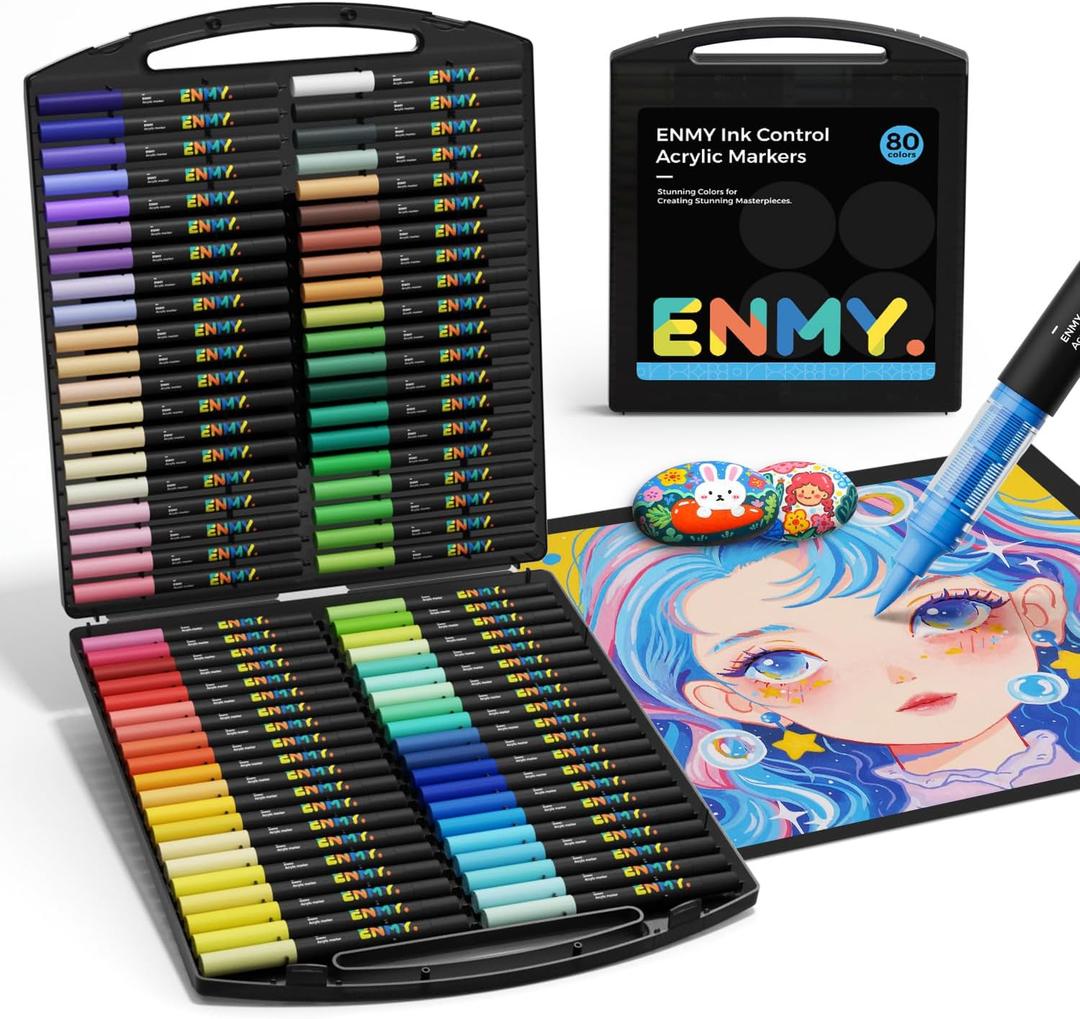 ENMY 80 Colors Acrylic Paint Markers, Direct Liquid Acrylic Paint Marker Pen, Fabric Markers for Textile, Canvas, Rock, Glass, Wood, Paper, DIY, Acrylic Coloring Pens for DIY Craft Supplies