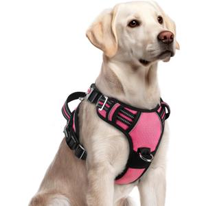 rabbitgoo Dog Harness for Large Dogs, No Pull Pet Vest with 3 Buckles, Adjustable Soft Padded Pet Harness with Easy Control Handle and Reflective Strips, Pink, L