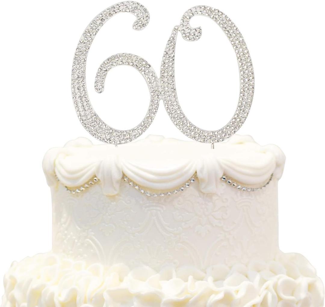 Bling Crystal Rhinestone 60 Birthday Cake Topper - Best Keepsake | 60th Party Decorations Silver