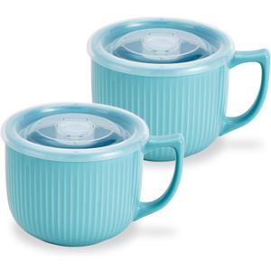 Ceramic Soup Bowl with Handle 32oz  Microwave Ramen Bowl with Lid, Soup Mugs & Cups for Cereal, Oatmeal, Ramen, Instant Noodle, Soup Container with Lid - Set of 2 (Blue)