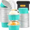 Disposable Ramekins with Lids 50 Pack,Free-Air 5oz Aluminum Foil Cupcake Cups Baking Tin,Mini Muffin Tins Cupcake Containers Holders for Home And Business -Cyan Blue