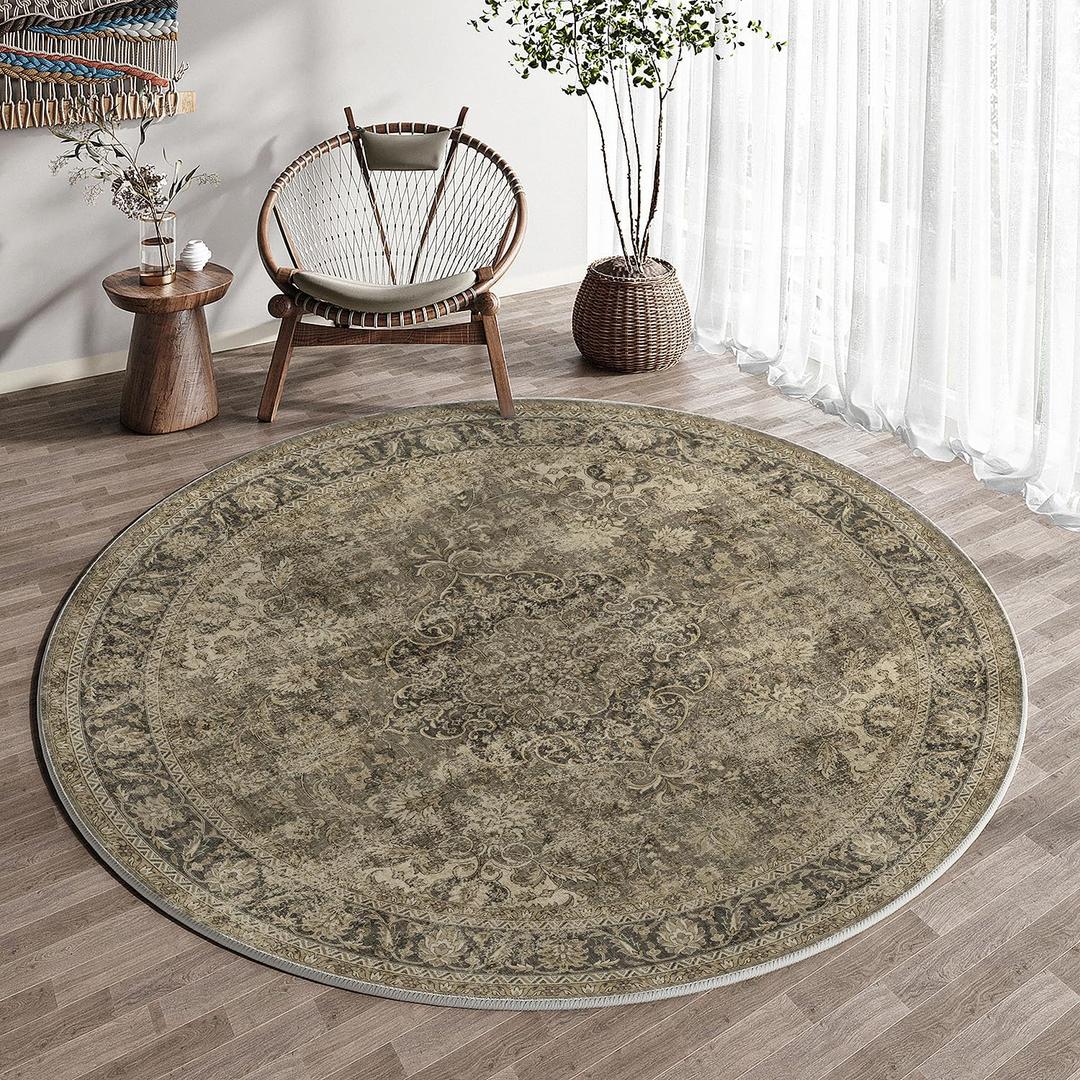 5x5 Washable Round Rug Brown Vintage Non Slip Soft Low Pile Circle Rug for Living Room Bedroom Distressed Oriental Indoor Carpet for Dining Room Office Entryway Home Decor